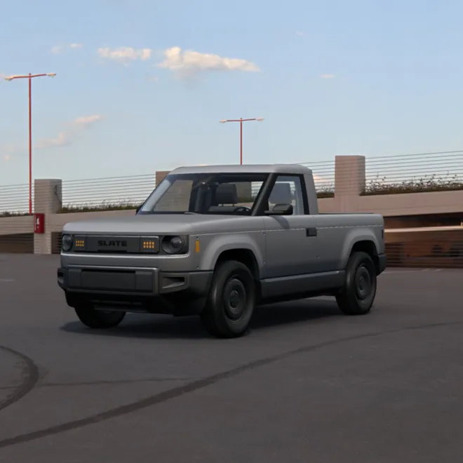 Jeff Bezos-backed Slate EV electric truck parked outdoors, highlighting its compact design.